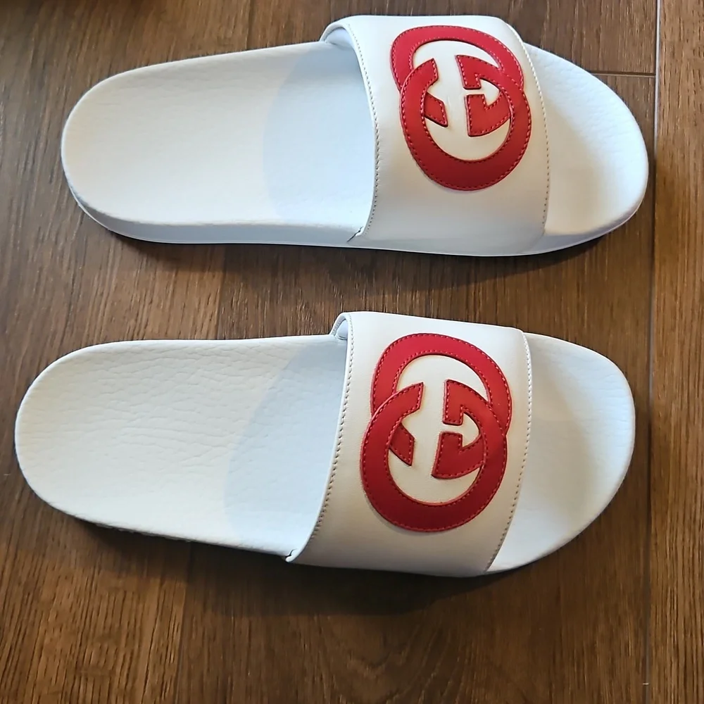 GUCCI INTERLOCKING G LEATHER SLIDES WHITE SIZE EU 38 - Picture 13 of 16